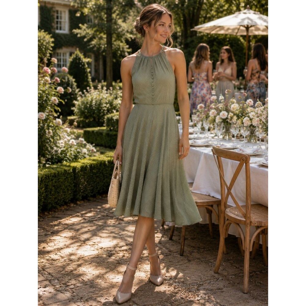 NWT Moss Green Gal Meets Glam Textured Dress 6 Coastal Quiet Luxury Old Money